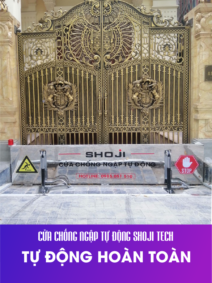 Cửa chống ngập tự động shojitech tự động hoàn toàn bằng hệ thống cảm biến và bộ xử lý tích hợp Ai giúp nhận biết được vật cản và lượng nước ngập đảm bảo được an toàn cho công trình.